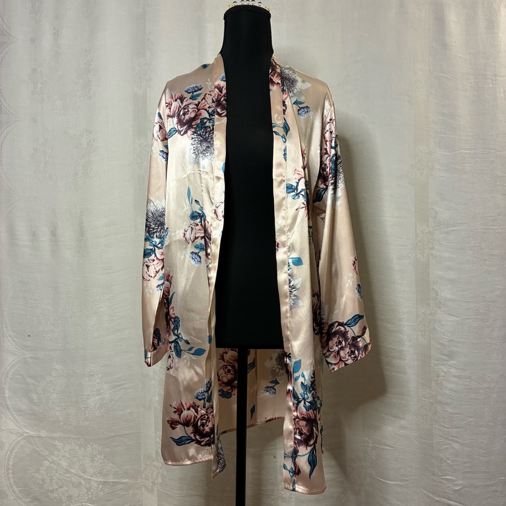 Floral Satin Kimono Robe Duster Blush Peony Print Long Sleeve Size S
